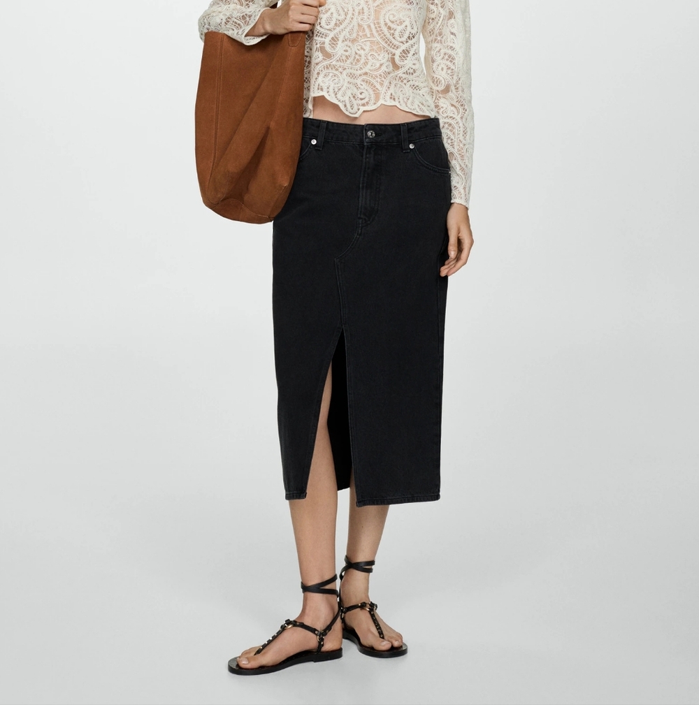 Mango Black High-Waist Midi Pencil Skirt with Front Slit - Picture 4 of 6